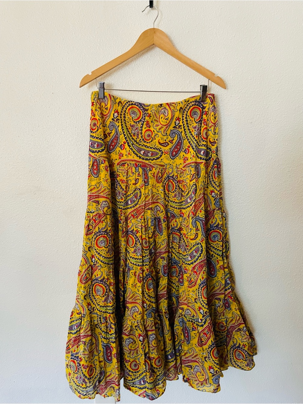 Lauren Ralph Lauren Yellow Paisley Tiered Maxi Skirt Cotton Bohemian Size 10